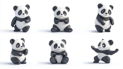 Obraz premium Six cute panda figurines in various poses, perfect for adding a touch of whimsy and charm to any space. They symbolize playfulness, friendship, and the beauty of nature.