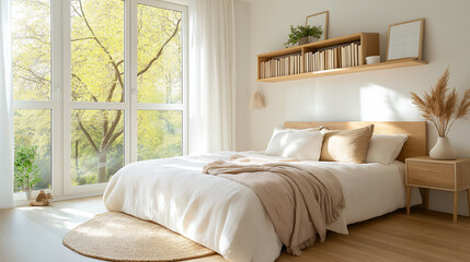 A bright, spacious childrenâs bedroom with a cozy bed in soft pastel bedding, a wooden bookshelf filled with books, and minimal decor. Natural light streams in through large window