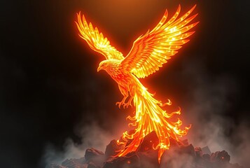 Phoenix's Rebirth A holographic phoenix rising from the ashes it