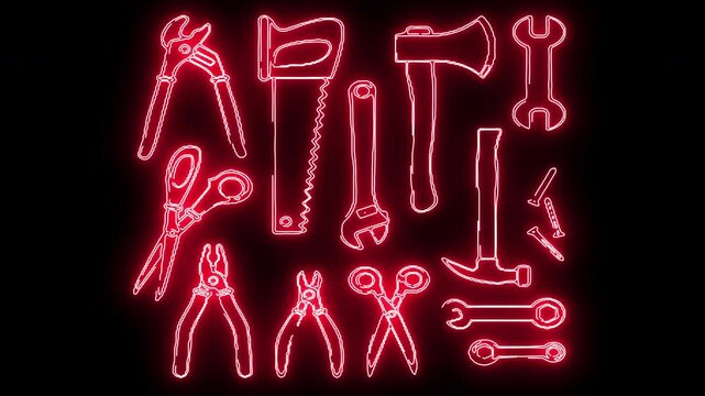 sketch illustration of a set of building carpentry tools: pliers, nippers, scissors, saw, hammer, axe, wrench, screws, wrench on a black background with lights shining around