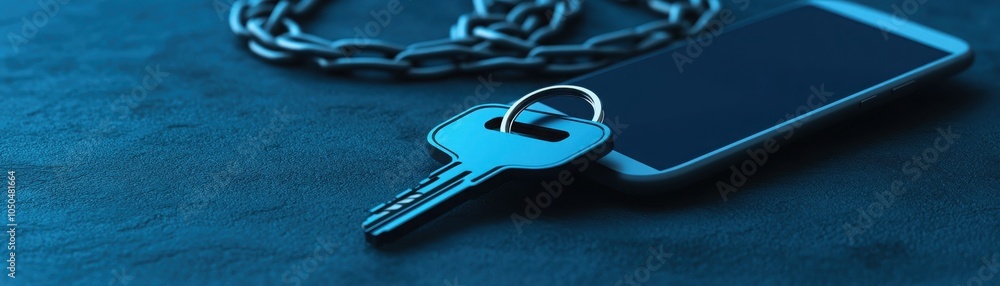 Poster a smartphone secured with a chain and key, symbolizing mobile security and data protection.