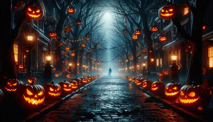 Fototapeta premium Halloween creepy dark street with evil-looking Jack-O-Lanterns pumpkins, the street resembling the Elm Street of horror movies