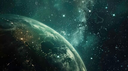 A dark, starry sky with a small, crescent-shaped planet visible in the lower left corner.