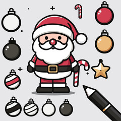 Playful vector illustration captures the essence of Christmas with a cheerful Santa surrounded by a delightful assortment of holiday ornament candy canes, stars, baubles, and festive accessories