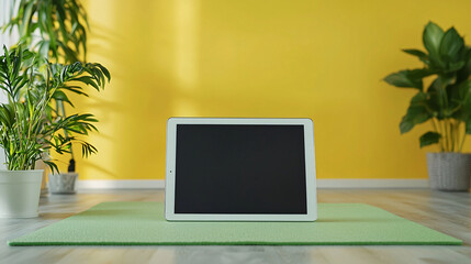 Fototapeta premium Mock-up of Tablet with Dark Screen on Yoga Mat in Cozy Home Fitness Space