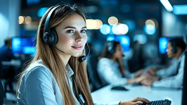 A young woman technical support agent, speaking confidently through her headset while typing on her computer