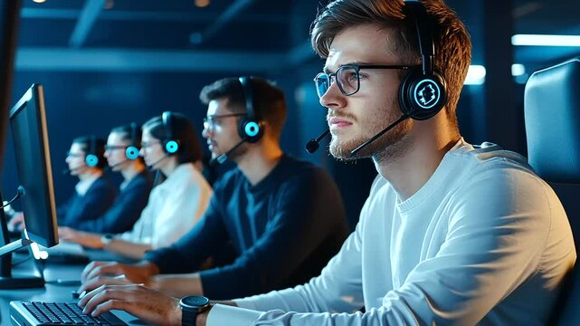 A team of young men and women technical support agents working in a sleek, open-plan call center
