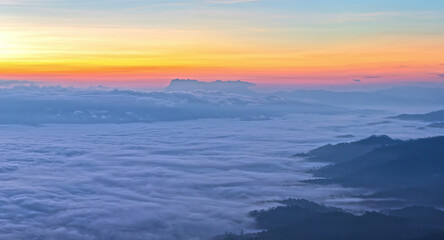 Panorama of sky and cloud with fog on mountain background in thailand