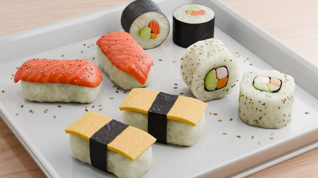 Different types of sushi (nigiri, maki, futomaki, toro, tamago, maguro, tai, sake, hirame, hamachi, temari, california) on a white plate closeup, 3D animation