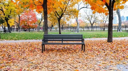 A peaceful park scene featuring a black bench surrounded by vibrant autumn leaves in shades of orange and yellow.