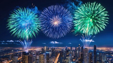 Obraz premium Bright blue and green fireworks sparkling in a clear night sky above a city skyline.