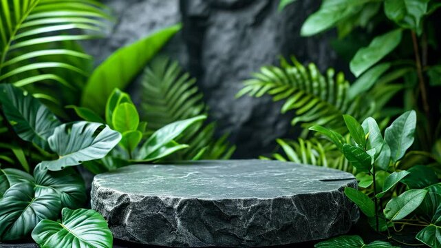 Natural stone and concrete podium, natural green background for Empty show for packaging product presentation. Background for cosmetic products, the scene with green leaves. Mock up the pedestal.