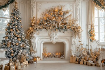 Elegant Christmas-themed photography backdrop featuring a white fireplace adorned in gold and silver tones, with a large tree decorated in golden ornaments and soft lighting for joyful holiday portrai
