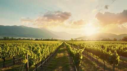 Fototapeta premium A picturesque vineyard at sunrise with rows of grapevines and distant mountains, Winery setting with scenic beauty, Romantic style