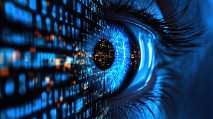 This image shows a close-up of a human eye with digital data and a cityscape reflected in it, symbolizing a concept of surveillance or technology.