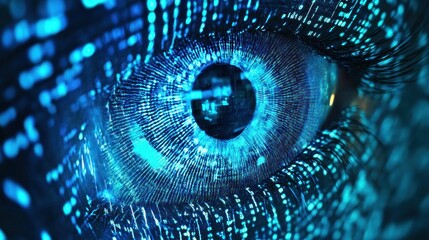 The image depicts a close-up of a digitally enhanced eye with binary code reflecting off the surface, symbolizing concepts of surveillance, technology, and cyber-security.