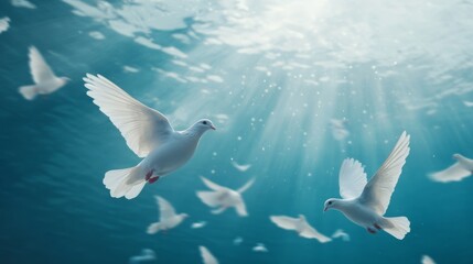 Obraz premium bird, dove, sky, love, Thanksgiving, Thanksgiving, pigeon, flying, blue, white, peace, wing, White doves fly in the air, sacred light shines down from above, blue background with white clouds, white 