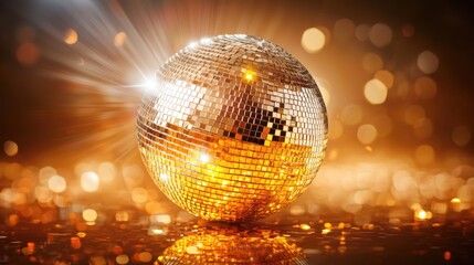 A rotating disco mirror ball lighting up a retro 70s-themed dance party