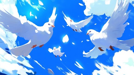 bird, dove, sky, love, Thanksgiving, Thanksgiving, pigeon, flying, blue, white, peace, wing, White doves fly in the air, sacred light shines down from above,  blue background with white clouds, white 