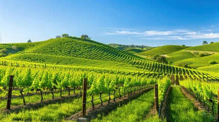 Obraz premium A picturesque vineyard with rolling hills and rows of grapevines under a clear blue sky, scenic setting with lush green colors, Vineyard style