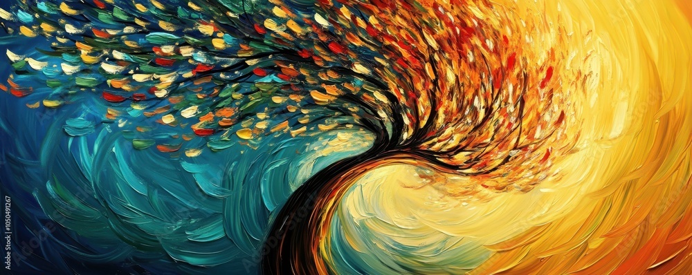 Poster colorful abstract tree with swirling patterns