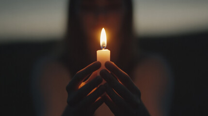 Close-up of Woman Holding a Lit Candle in Dark Background, Symbolizing Hope, Solitude, and Reflection.