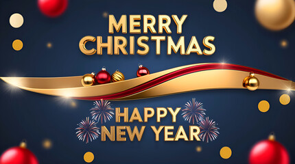 Naklejka premium Merry Christmas and Happy New Year with Gold Waves, Glittering Ornaments, and Fireworks 3D Design. Festive Banner and Web Poster, Greeting Card, Flyer and Brochure.