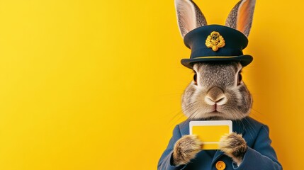 Rabbit in Conductor Hat with a Yellow Background