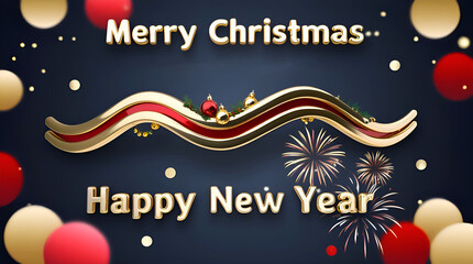 Naklejka premium Merry Christmas and Happy New Year with Gold Waves, Glittering Ornaments, and Fireworks 3D Design. Festive Banner and Web Poster, Greeting Card, Flyer and Brochure.