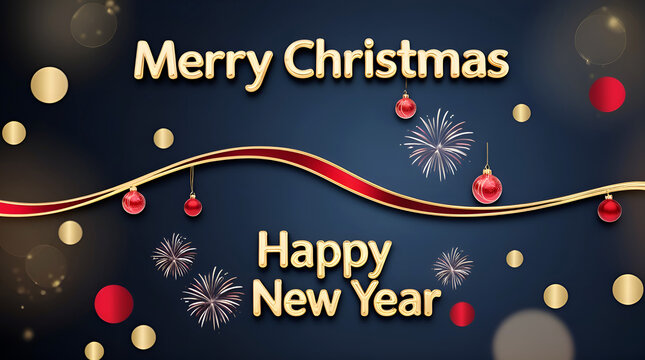 Merry Christmas and Happy New Year with Gold Waves, Glittering Ornaments, and Fireworks 3D Design. Festive Banner and Web Poster, Greeting Card, Flyer and Brochure.