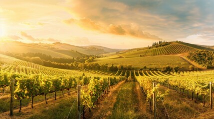 Fototapeta premium A picturesque vineyard with rows of grapevines and rolling hills, Winery setting with rural charm, Romantic style