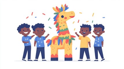 Fototapeta premium Kids Celebrating with Colorful Pinata and Confetti
