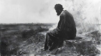 Obraz premium A charcoal drawing of Abraham constructing the altar, his figure depicted with strong lines and shadows. Isaac is drawn with softer lines, highlighting his innocence. The surrounding land is barren,