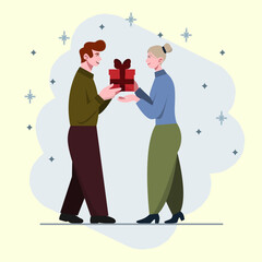 A man with red hair presents a gift to a  woman with blonde hair. The image is a vector graphic set against a yellow background.