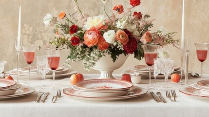 Elegant table setting with a floral centerpiece, perfect for a special occasion or gathering