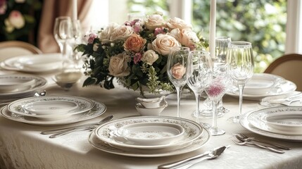 Elegant table setting with a floral centerpiece, perfect for a special occasion or gathering