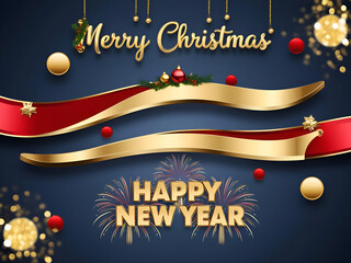 Merry Christmas and Happy New Year with Gold Waves, Glittering Ornaments, and Fireworks 3D Design. Festive Banner and Web Poster, Greeting Card, Flyer and Brochure.