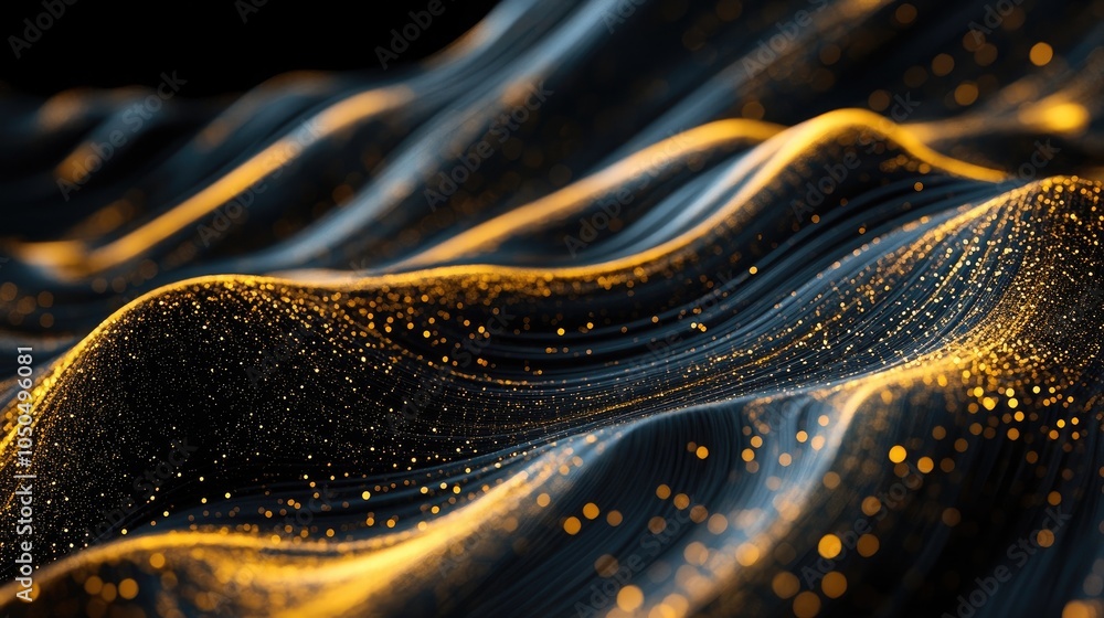 Poster generative ai abstract image of glittering gold wave lines on a minimal black background
