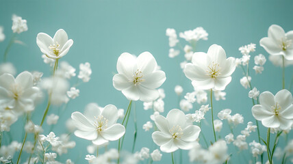 Spring flowers composition. Gypsophila flowers on a colorful background close-up. Top view, flat lay, place for text, copy space.