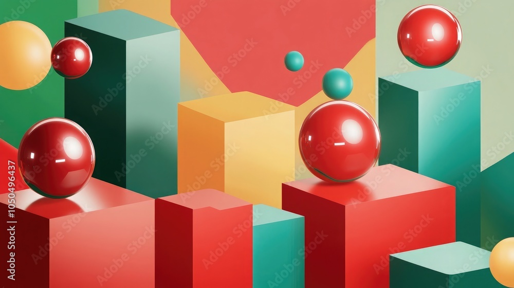 Poster generative ai illustration of colorful geometric shapes with shiny spheres on square platforms again