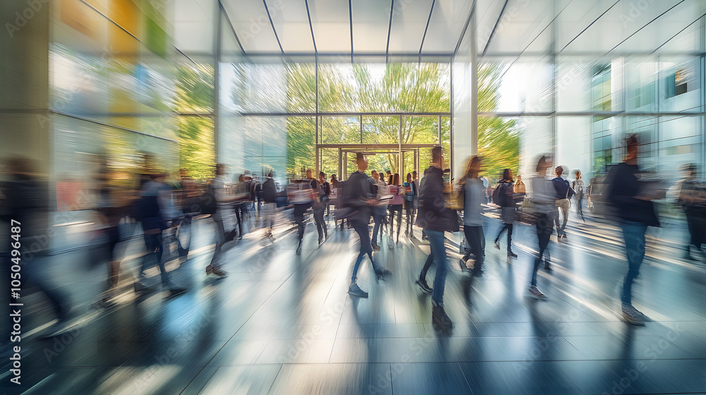 Poster students walking to class in a university or college environment. moving crowd motion blurred backgr
