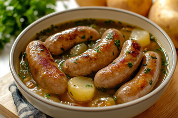 Sausages and potatoes in a soup