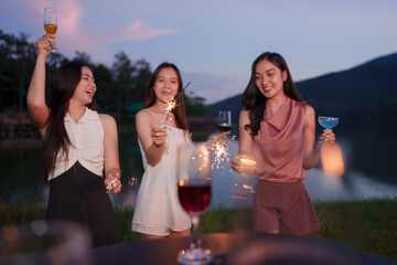 Asian woman celebrating was a successful day happily