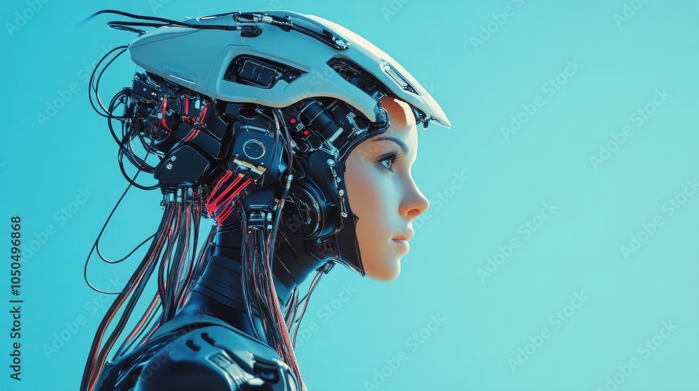 Poster generative ai side view of a futuristic robot female, highlighted by wires connecting to her head on