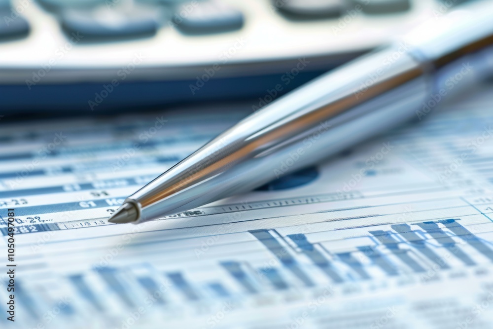 Poster silver pen is pointing at a financial chart with a calculator in the background