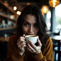 a woman is holding a cup of coffee and a coffee