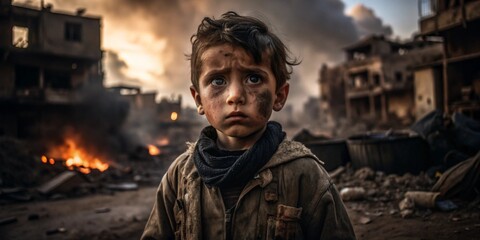 Obraz premium Powerful War-Torn Child Imagery Emotional Portraits in Disaster Scenes
