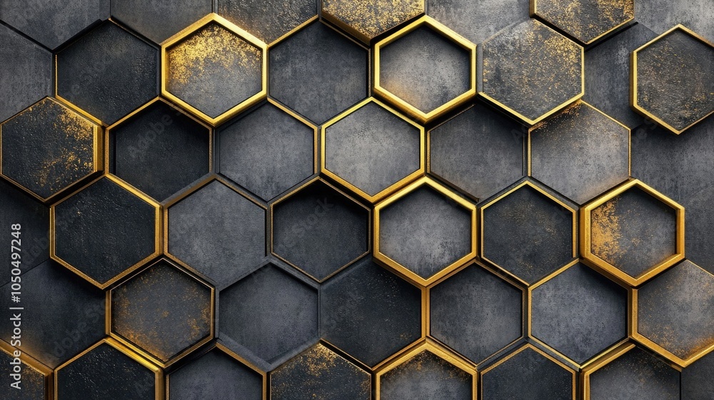 Poster gray hexagon pattern with subtle golden accents, creating a modern and textured design