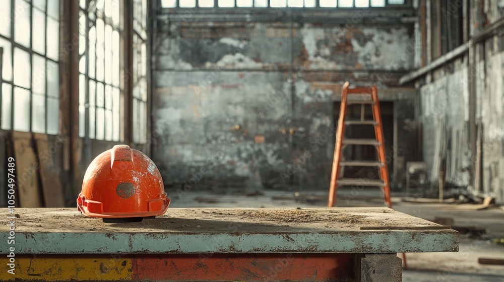 Poster hard hat resting on a worktable in an unfinished building, emphasizing safety in an industrial setti