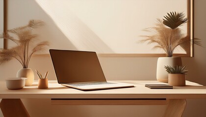 A hybrid work desk with both a laptop and a tablet open, surrounded by minimalistic décor, w 